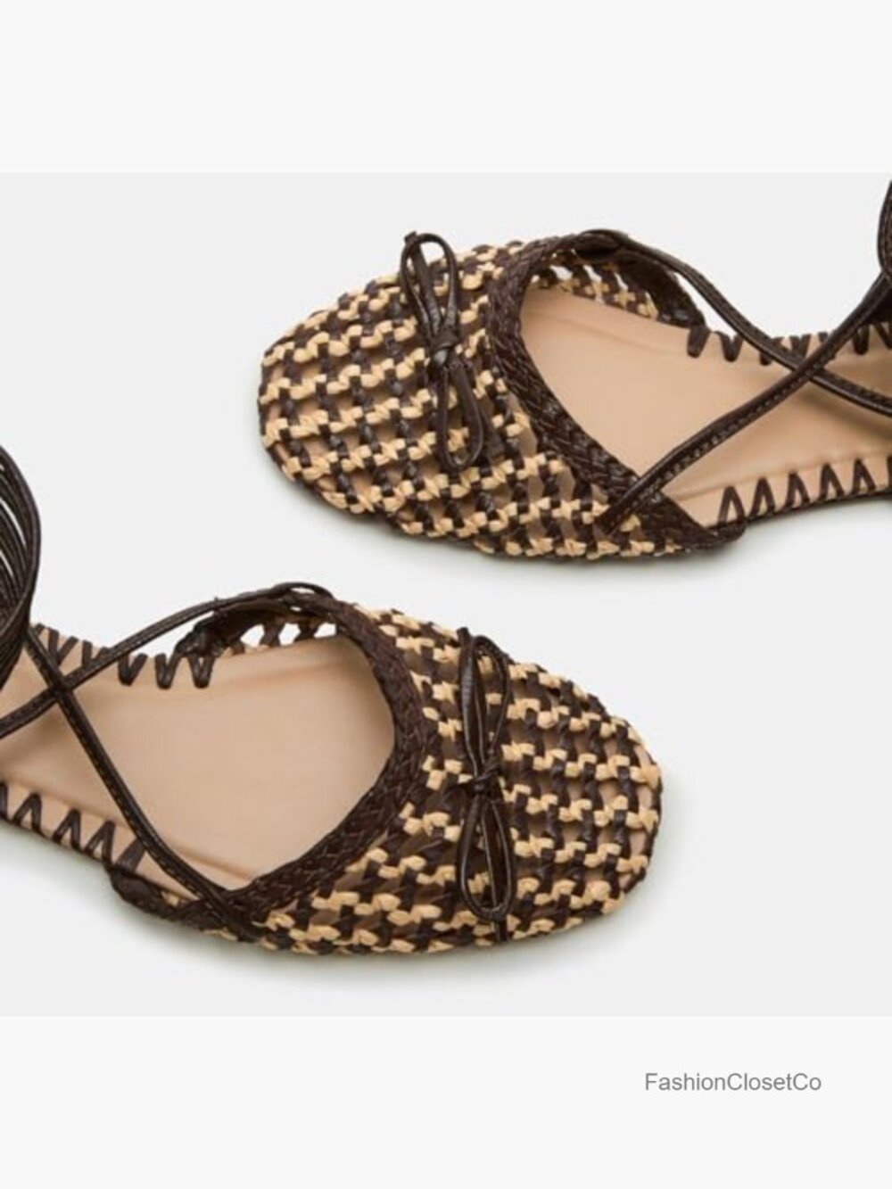 Woven Ballet Flats Lace Up Closed Square Toe Summer Flats Shoes - Picture 2 of 5